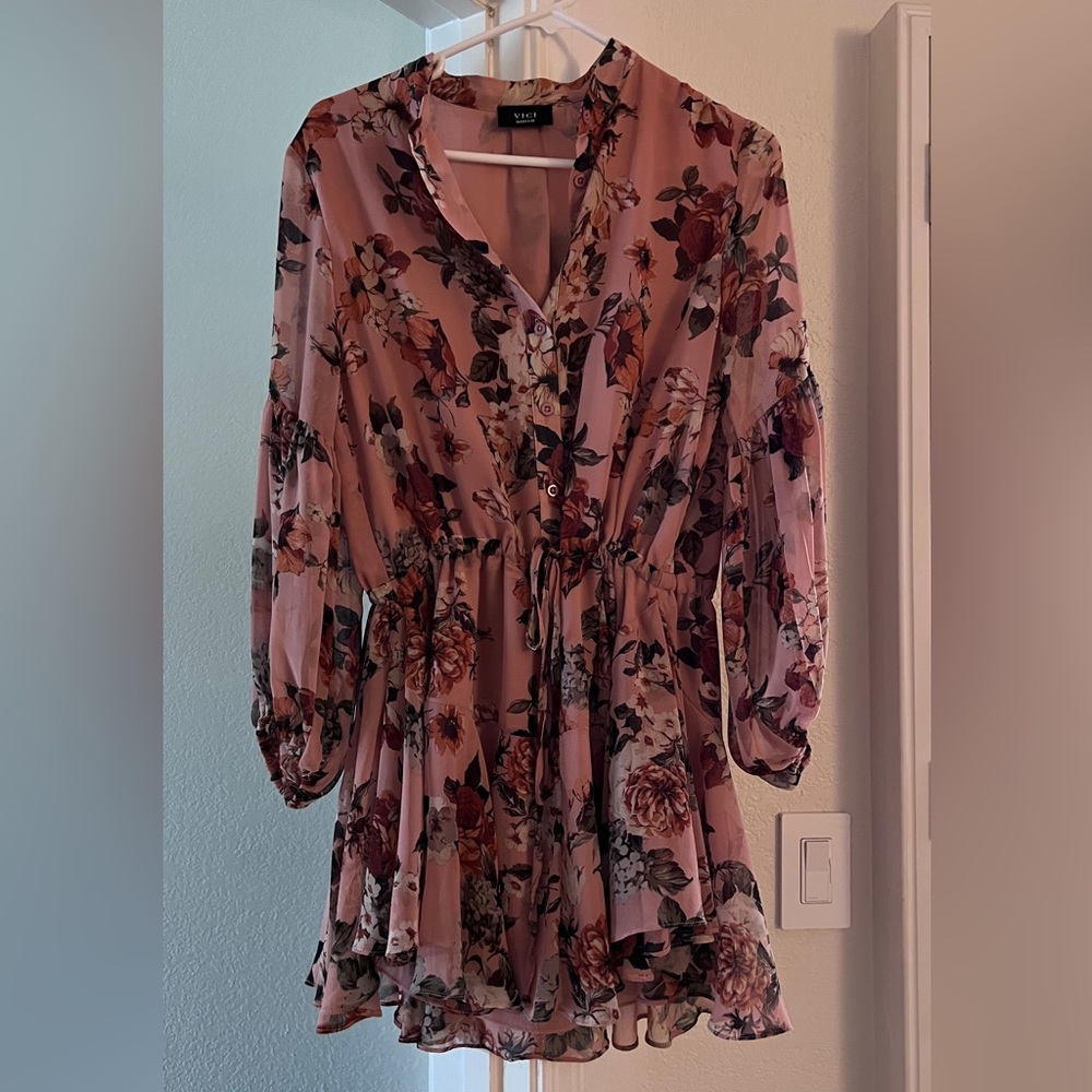 Vici button longsleeve mini dress with waist tie
